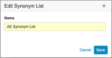 Edit Synonym List dialog showing the Name and Status fields, and the Confirm button