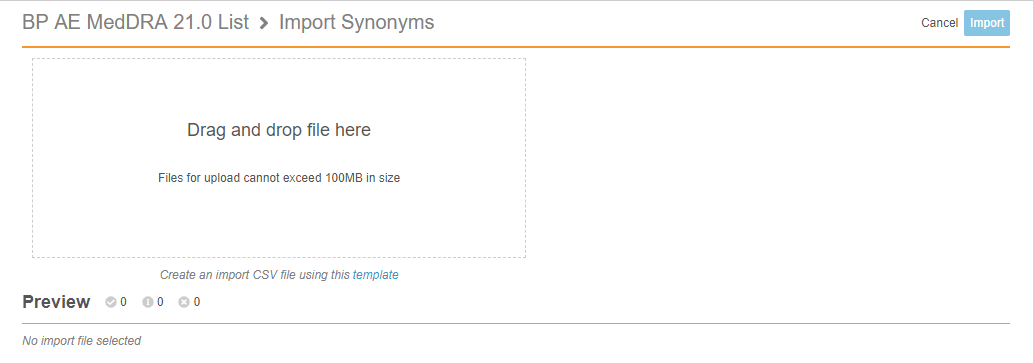 Import Synonyms area