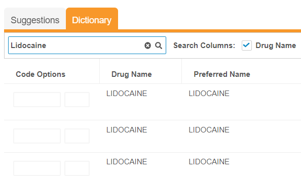 Coding search for 'Lidocaine'