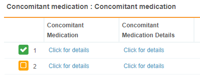 Two Sequences of a Concomitant Medications Repeating Form in Table View