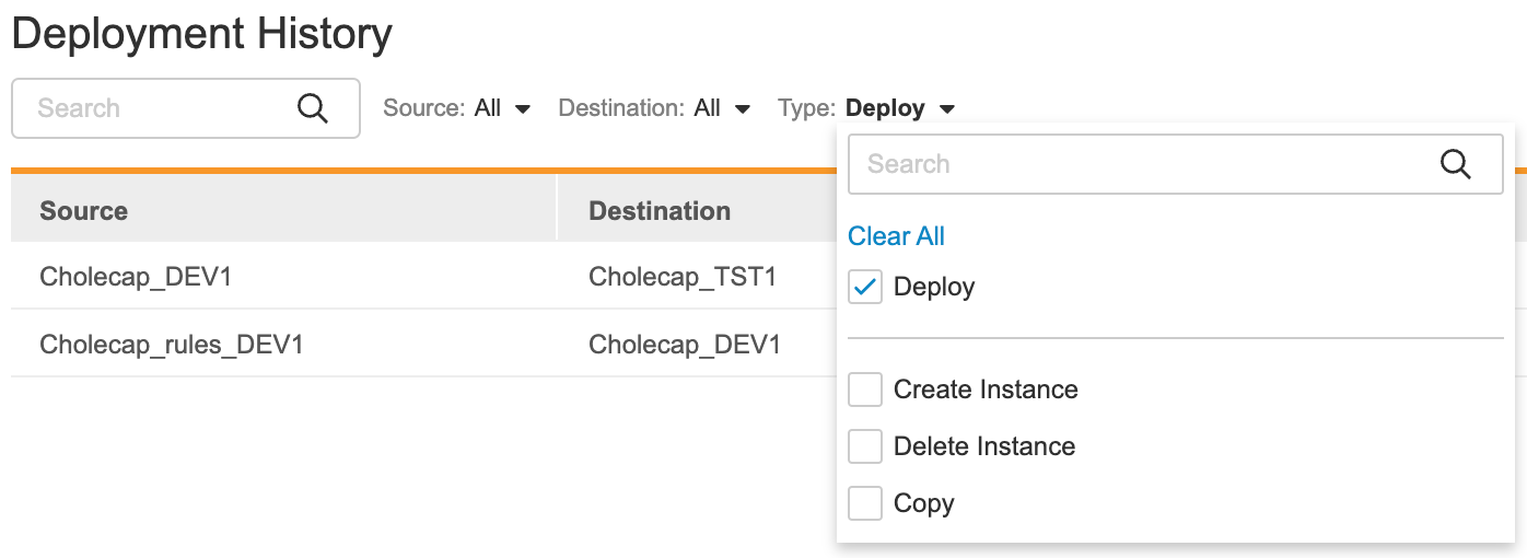 Filter & Search in the Deployment History