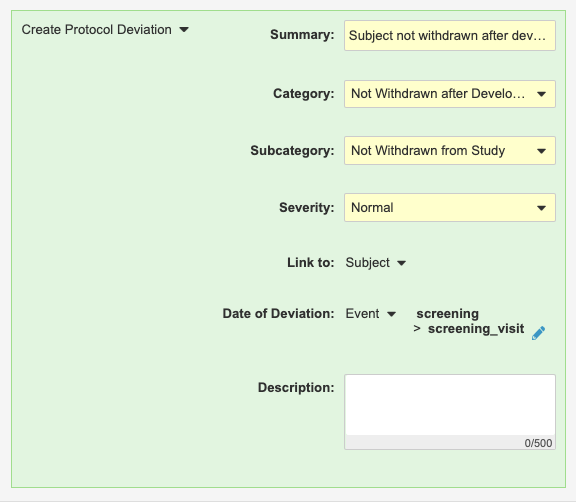 Example Create Protocol Deviation Rule Action Configuration