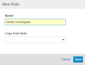 New Role dialog with the Name Verteo Investigator entered