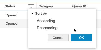 Sort menu for the query listing