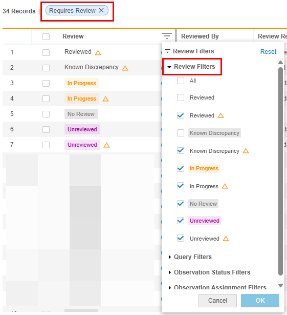 Review Listing with Quick Filter