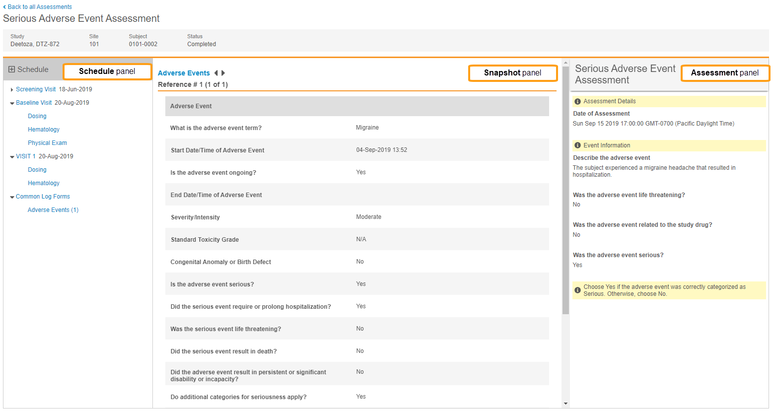 Schedule, Snapshot, and Assessment panel on the Assessment Questionnaire page