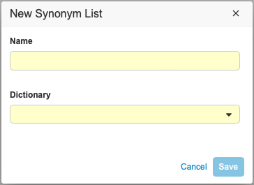 New Synonym List dialog, showing the Name, Dictionary, and Status fields