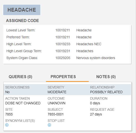 Code Request Properties panel for a MedDRA form with the Properties card selected