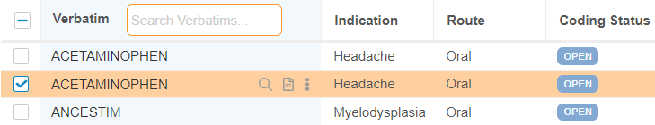 A selected 'Headache' Verbatim in the Code Request Listing