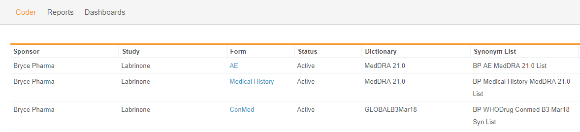 Summary page listing AE, Medical History, and ConMed forms