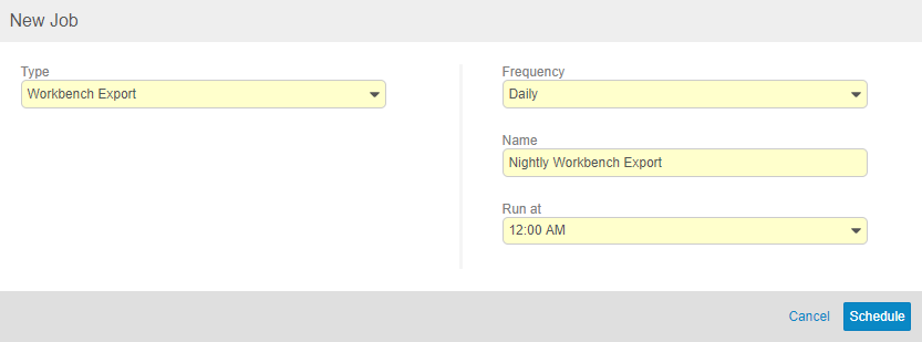 The New Job dialog to schedule a Workbench Export job, running daily at 12:00AM