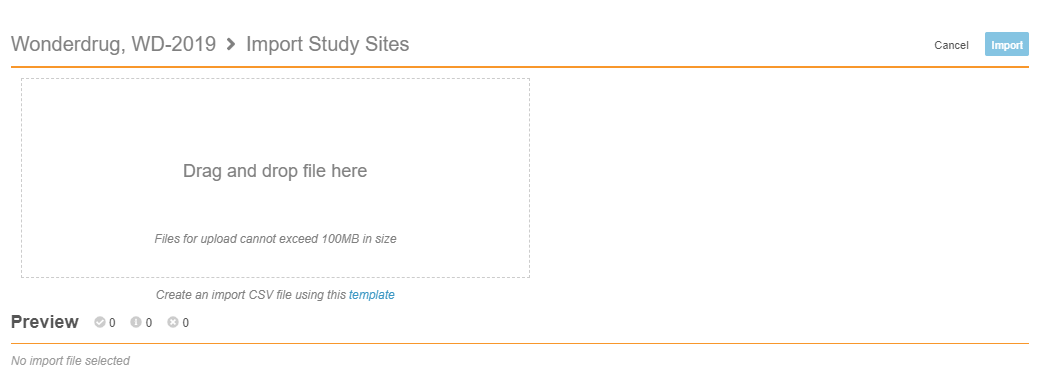 Import Study Sites File Upload Screen