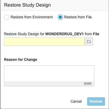 New Restore Study Design dialog