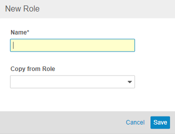 New Role dialog, with no entries for Name or Copy from Role