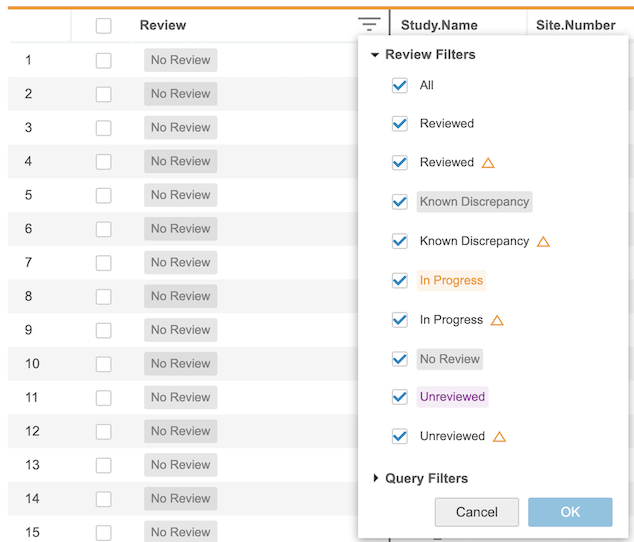 审查筛选器部分已展开
